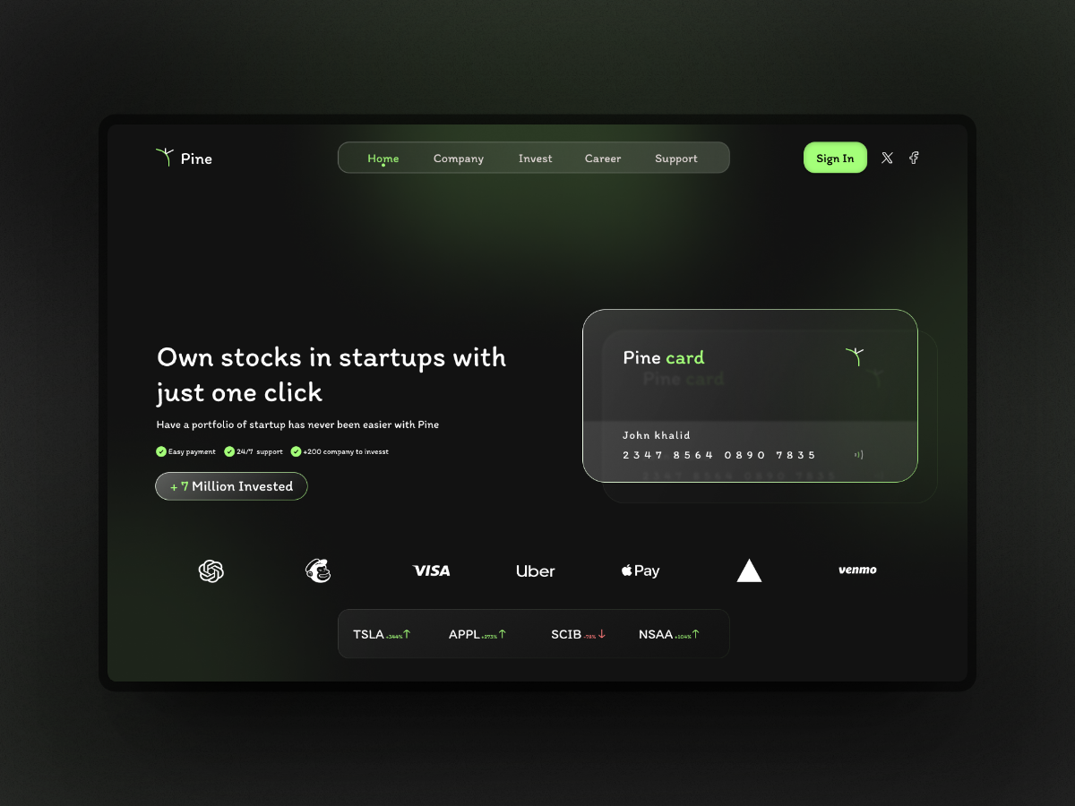 Pine: own stocks in startups banking website branding design design inspiration graphic design modern design ui uiux ux web design website design