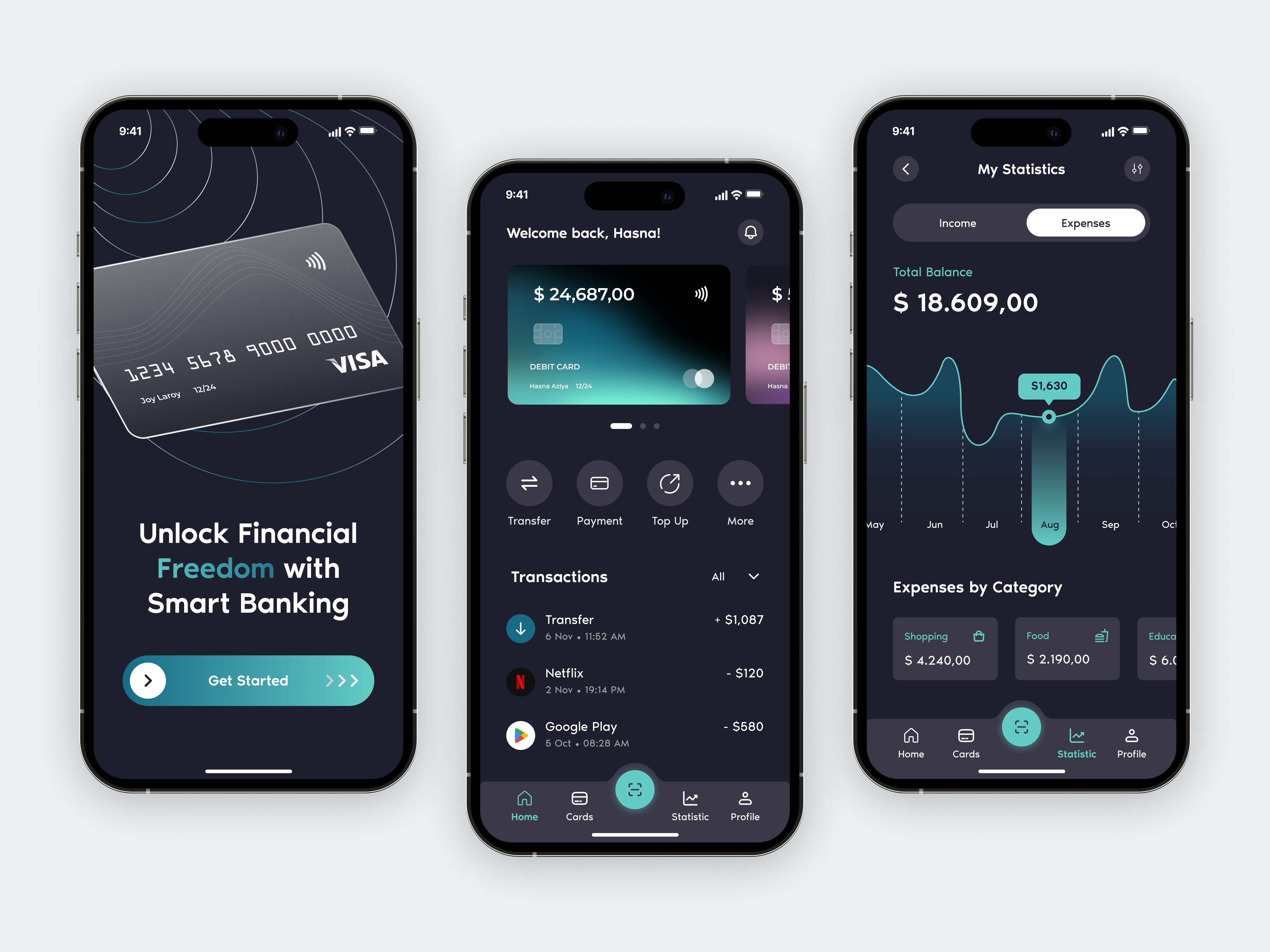 Mobile Banking App app design bank bank app banking banking app dark mode expenses finance financial income mobile app mobile banking mobile payment payment payment app smart banking statistic transaction transfer ui design