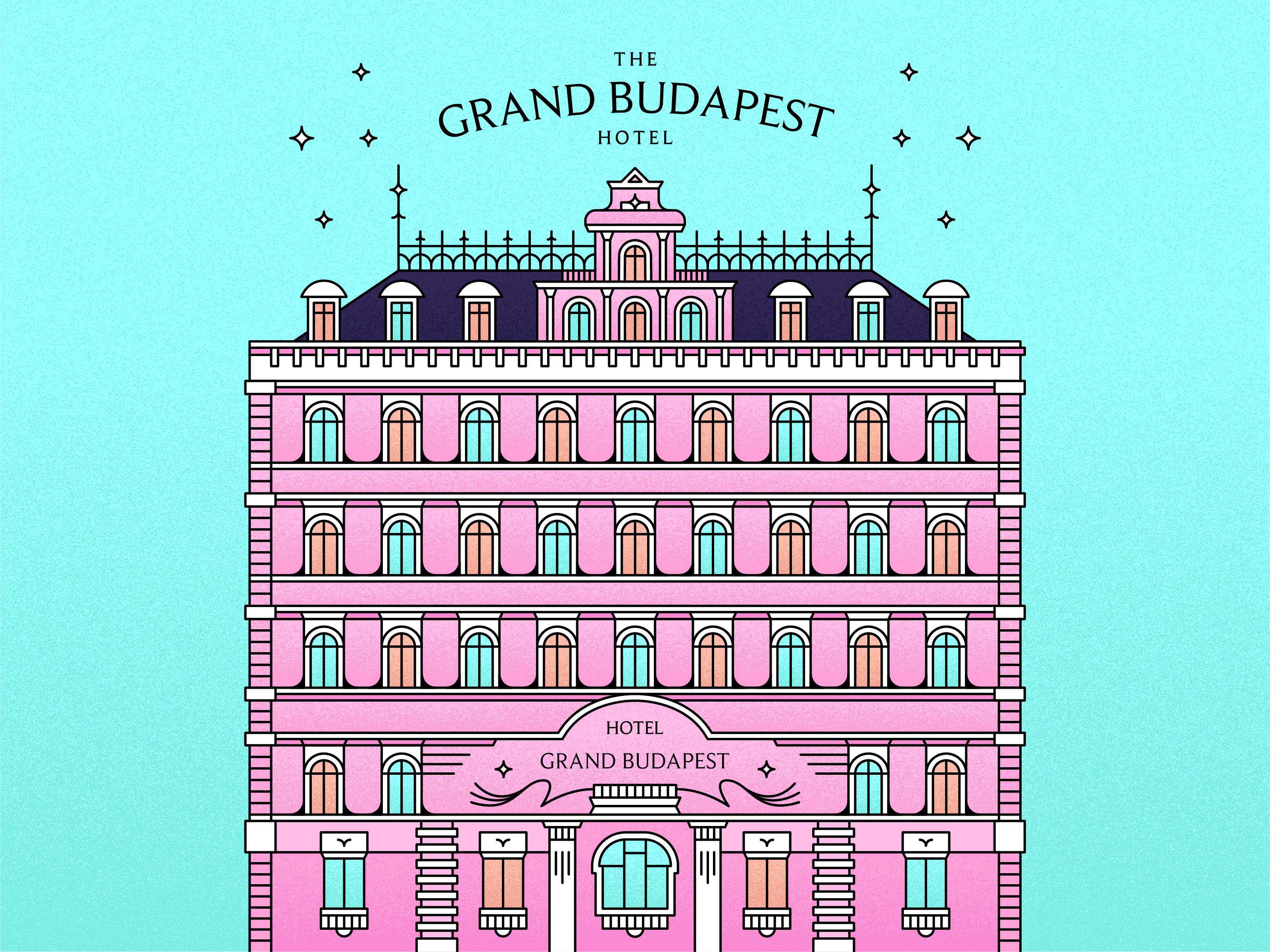 The Grand Budapest Hotel Poster 💗 architecture budapest building design film grand budapest hotel graphic design hotel illustration lineart movie pink the grand budapest hotel vector wes anderson