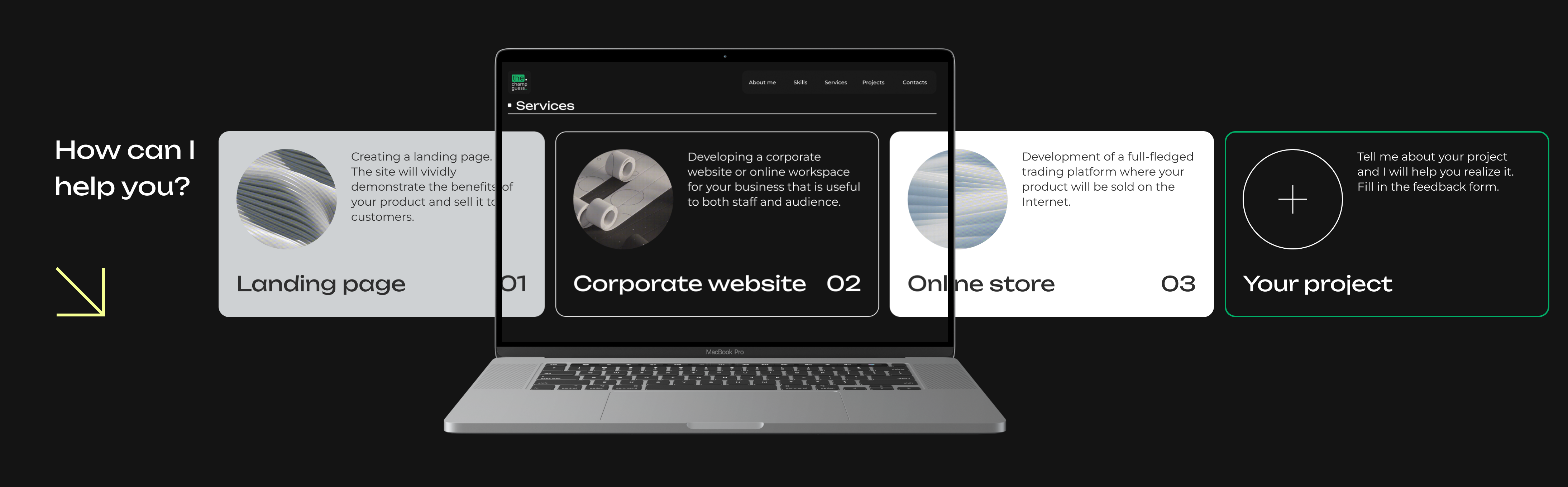 Page with services for web-developer dark design design portfolio first screen front end frontend illustration landing page macbook mockup portfolio services ui unbounded uxui uxui design web web design web developer web site