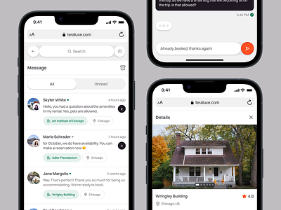Teraluxe: Message Mobile App SaaS Dashboard Real Estate airbnb apartment app design booking chat clean conversation email hotel inbox message messaging mobile mobile app property real estate rent reservation uiux villa