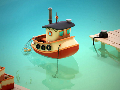 Little Fishing Boat 3D Animation 3d animation art blender boat cartoon design fishing illustration render sea shark ship water