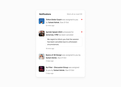 Notifications alerts clean component design system inbox lyearn menu messages minimalist notifications popover product design saas tray ui