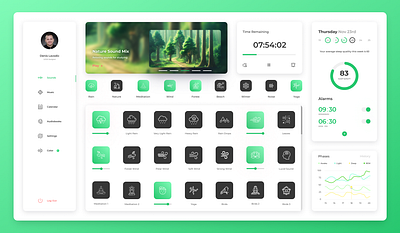 Sound App Dashboard Light alarm audiobooks branding design futuristic graphic design illustration landing page light meditation music rain relax soundapp timer tracker ui ux vector