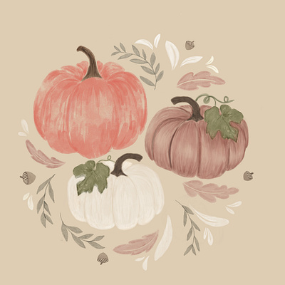 Whispers of Fall autumn beige brown brown pumpkin drawing fall graphic design green illustration leaves natural elements painting pink pink pumpkin pumpkin white pumpkin