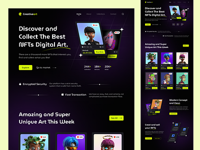 NFT Landing Page branding design development ecommerce figma landing page marketplace nft nft art nft collection nft website presentation responsive ui ui ux uiux ux