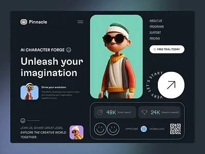 AI Character Generation - Hero Header 3d 3d character ai ai character ai creation darkmode design hero header hero section interaction interface design landing page ui web ui webapp website