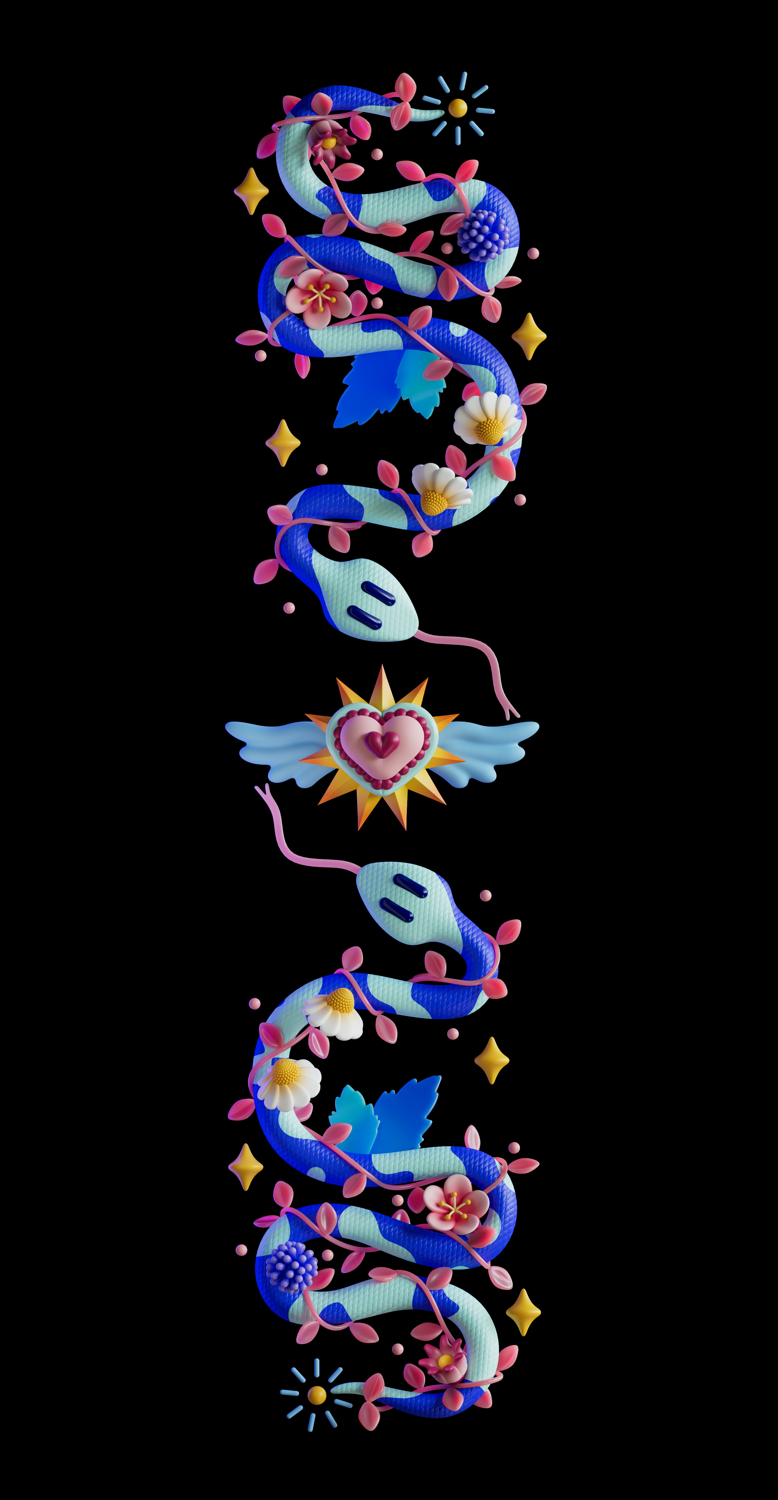 Skate the snake 3d blue c4d cinema 4d colorful flowers heart illustration leaves mexican octane plants redshift sacred heart skate skate board skate deck snake