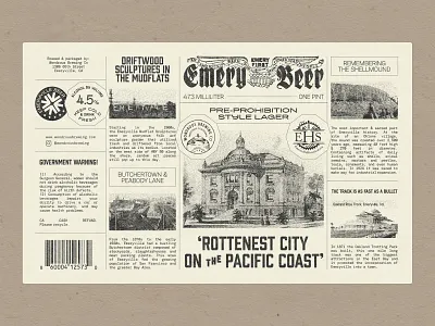 Emery Beer beer branding beer label beer label design branding brewery branding emeryville emeryville historical graphic design lettering logo logotype masthead masthead logotype newspaper beer label newspaper layout type wondrous brewing