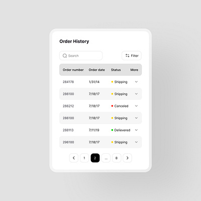 Order history table app application column filter history light minimal mobile order order table pagination responsive row search shipping table track trend ui zebra