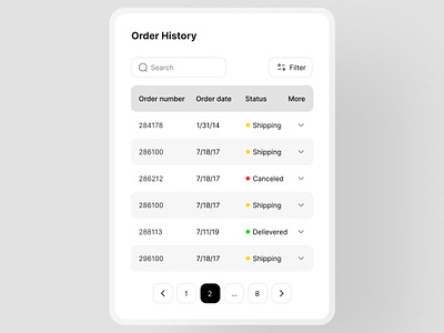 Order history table app application column filter history light minimal mobile order order table pagination responsive row search shipping table track trend ui zebra
