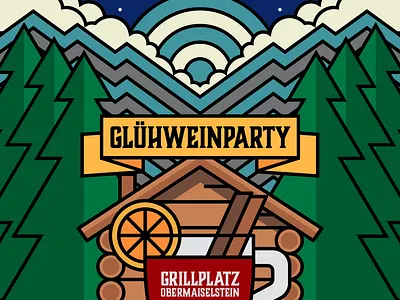 Poster for a local mulled wine party bavaria cabin cinnamon cup design event forest germany moon mountains mulled wine night orange party poster stars tree wine wood woods