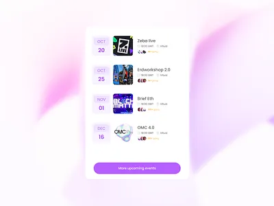 Sleek events update widget UI animation cardui event events explore notification online purple render ui ui card ui design uicard uiux update user interface ux virtual widget wip