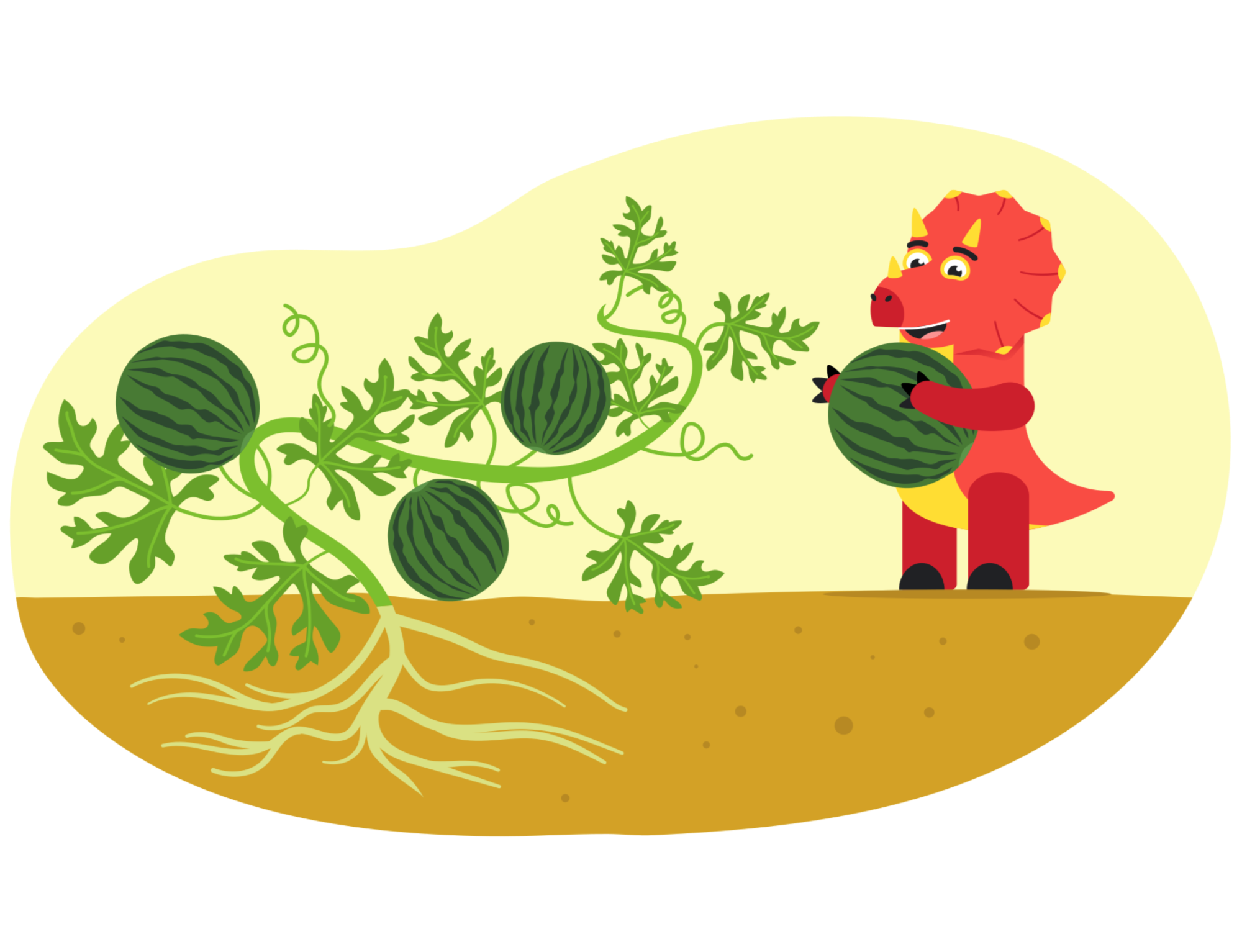 Трицератопс с арбузами education remote learning study арбузы корень образавр образование обучение почва растительность урожай