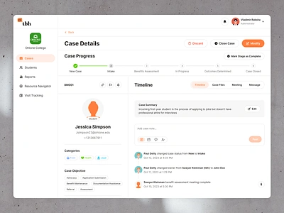 Case Details - Web Management Platform app college crm dashboard edtech files folder orange progress school student timeline ui ux web white