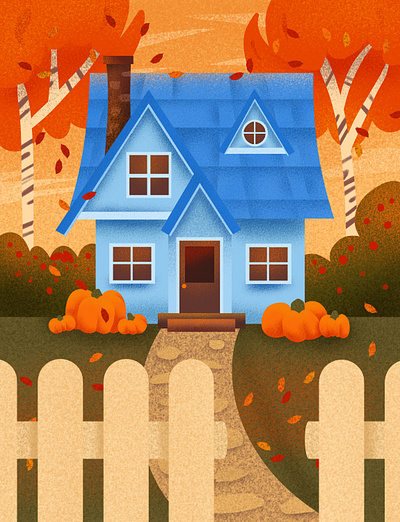 Blue house in autumn stylized illustration 2d autumn blue house design graphic design illustration landscape procreate storybook stylized