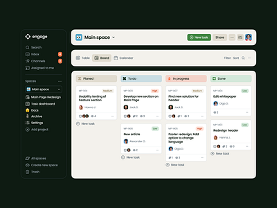 Engage Dashboard board card categories dashboard filter menu space table task team ui ux