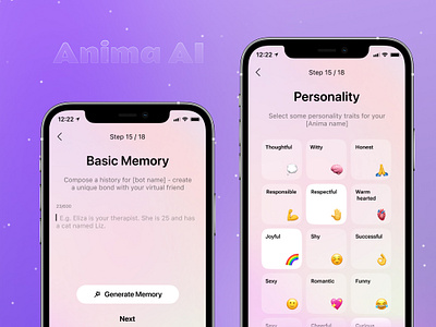 Anima AI App Design 🌸 ai app ai chat bot app design memory app design mobile app mobile app design personality traits personality traits design settings design ui design