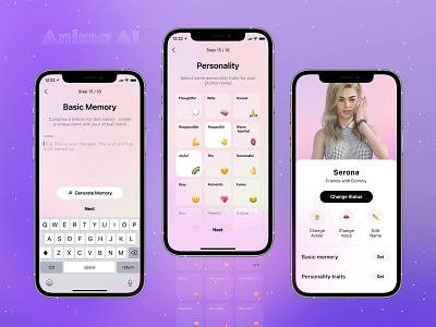 Anima AI App Design 🌸 ai app ai chat bot app design memory app design mobile app mobile app design personality traits personality traits design settings design ui design