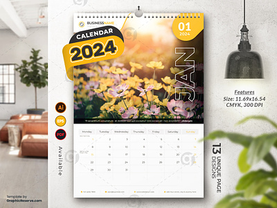 Modern Wall Calendar 2024 Template with Flower Design business calendar business wall calendar 2024 calendar 2024 clean calendar design colorful calendar creative calendar didargds didargds calendar minimal calendar modern calendar new year 2024 new year calendar office calendar office calendar 2024 professional calendar 2024 stationery design trending design trendy calendar visualgraphics wall calendar 2024