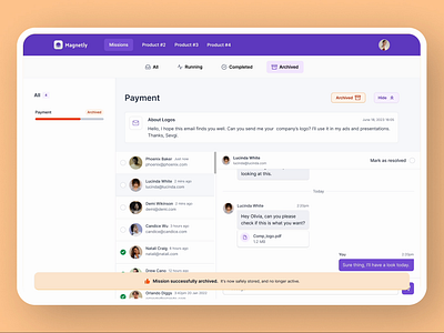 Magnetly: Archived successfully archive archived dailyux design email thread minimal orange saas snack snackbar success successfull ui ui inspiration uidesign uiux ux warning web web design