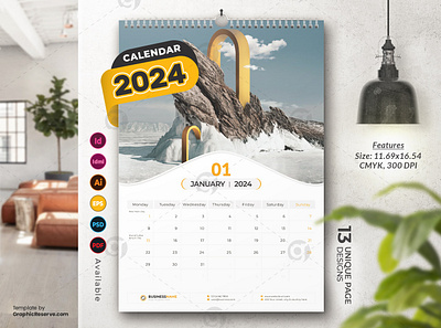 Clean Wall Calendar 2024 Template with Snow Mountain Model business calendar business wall calendar 2024 calendar 2024 clean calendar design clean design colorful calendar creative calendar didargds calendar minimal calendar modern calendar new year 2024 new year calendar office calendar office calendar 2024 professional calendar 2024 stationery design trending design trendy calendar visualgraphics wall calendar 2024