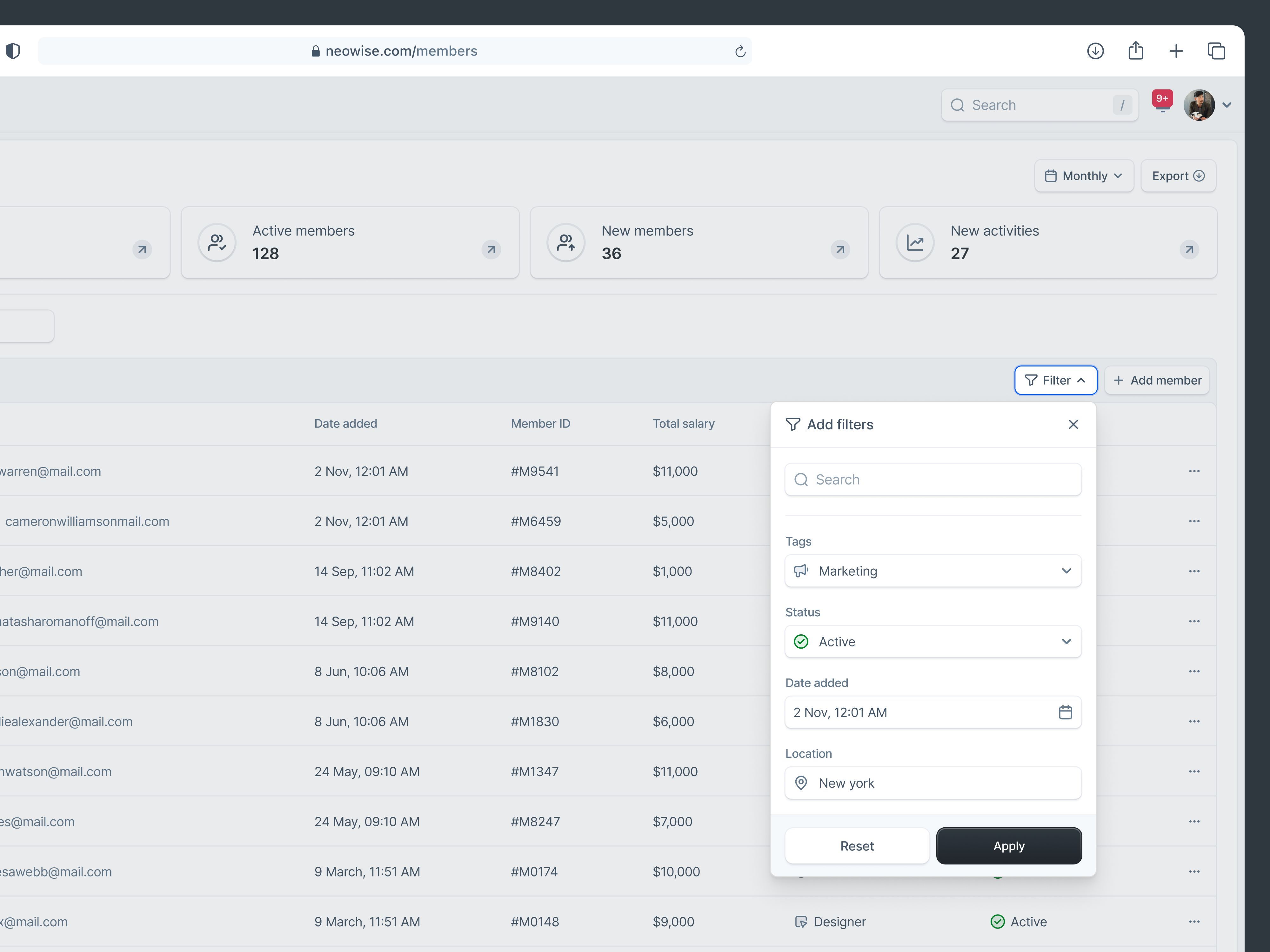 Neowise: Modal View Financial Tracking Web App SaaS Dashboard account accounting admin component dialog dropdown filter finance financial fintech input modal money pop up product design saas table ui component uiux webapp