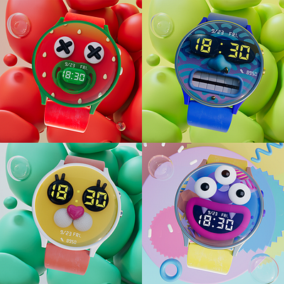 Watch faces 👀👅⌚👽 3d 3d illustration c4d character character design cinema 4d color colorful face graphic design happy humorous illustration monster product design redshift watch