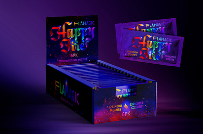 Flame Magic Rainbow Fire Packaging Design Shelf Display colorful fire colorful flame fire typography flame magic flame type packet design rainbow flame rainbow packaging design shelf display box design