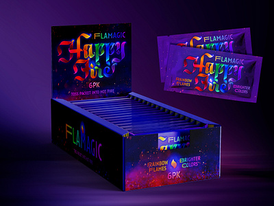 Flame Magic Rainbow Fire Packaging Design Shelf Display colorful fire colorful flame fire typography flame magic flame type packet design rainbow flame rainbow packaging design shelf display box design