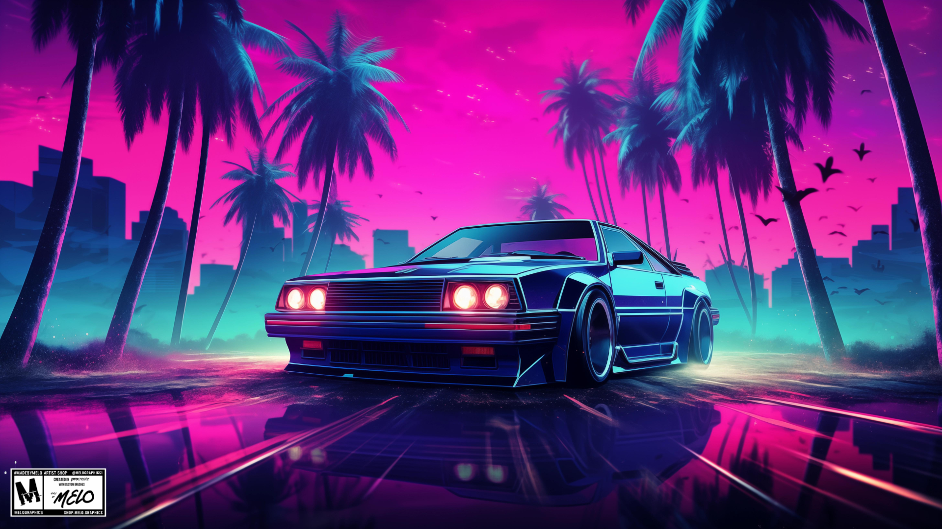 80s Synthwave Ride | #MadeByMELO 3d art car custom brushes design digitalart graphic design illustration madebymelo neon procreate retro retrowave synthwave