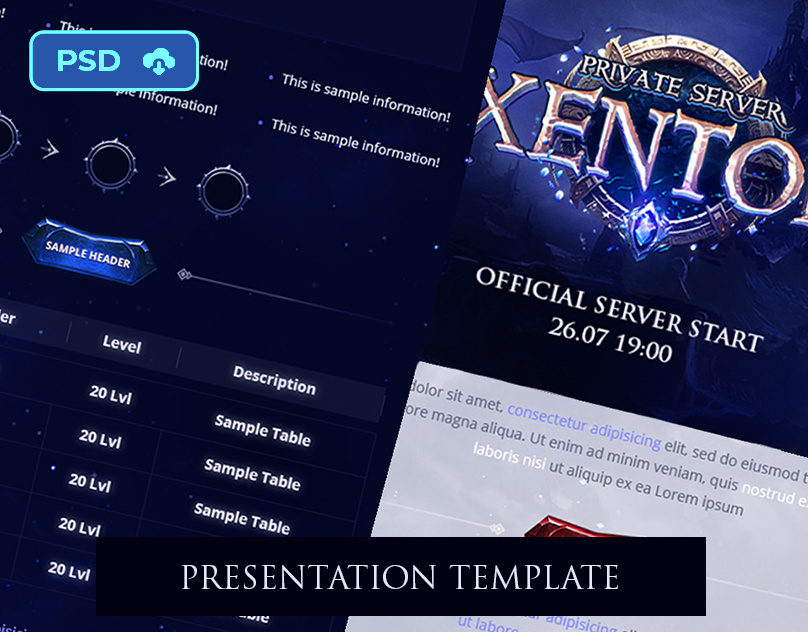 [Presentation PSD] Mmorpg Server Presentation Template - Xentor fantasy game logo l2 lineage2 metin2 metin2 psd download metin2 templates metin2 ui set mmorpg private server presentation psd template
