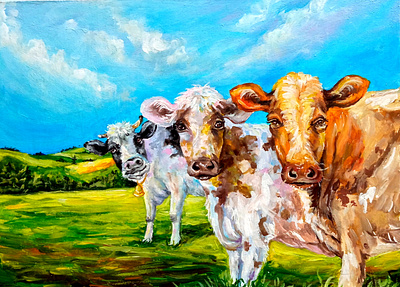 Ukrainian Landscape with Cows – Original Acrylic Painting, animals art cows hand painted handmade nature paint painting ukraine