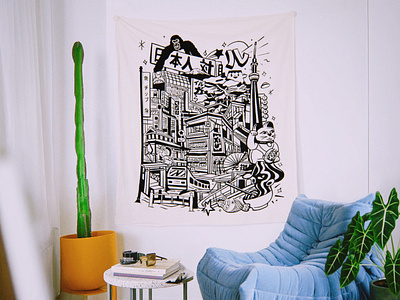 Tokyo art city ciudad hand drawn illustration ilustracion japan japon puddi tapestry tokyo