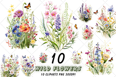 Watercolor Wild Flowers Clipart Bundle digital floral png digital planners floral clipart floral woodland graphic design illustration invitation clipart vector watercolor design watercolor flowers wild flowers clipart