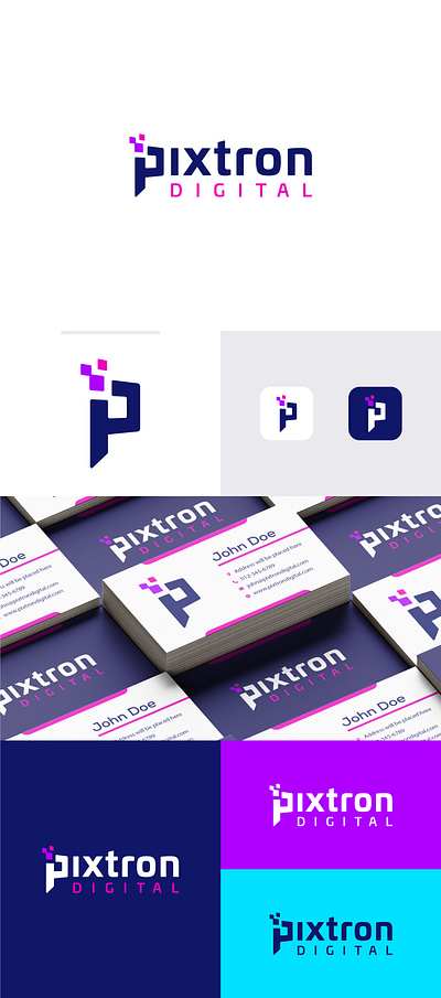 Pixtron Digital Logo Design branding colorful digital graphic design lettermark logo marketing modern p pixels vector wordmark