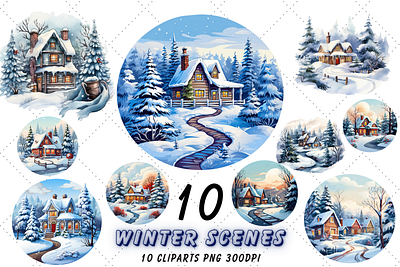 Cozy Winter Scenes Clipart | Winter design graphic design illustration landscape winter landscapes clipart vector watercolor design winter watercolo winter watercolor