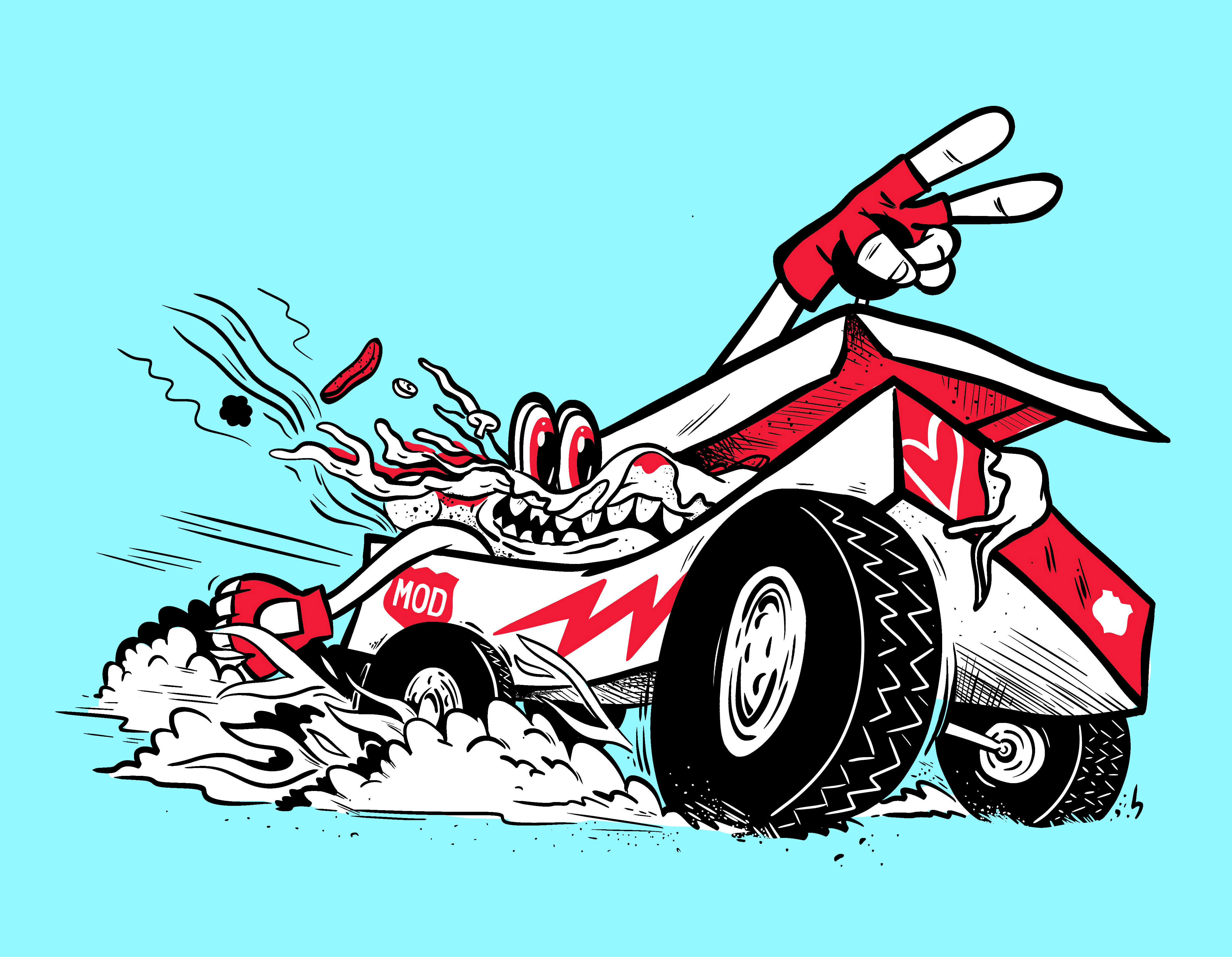 Zoom 80s car character design drag racing pizza racing rat car