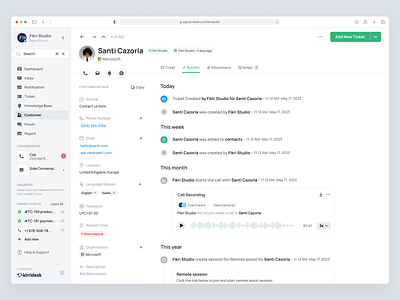 KirriDesk - Customer Activity - SaaS Customer Service Management activity crm customer customer service cx details helpdesk management product design saas saas design support ui ux web design