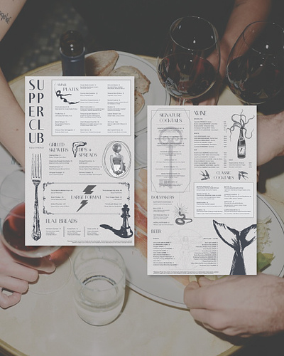 SupperClub SouthEnd Menu Design brand inspiration branding cocktail menu design graphic design illustration menu menu design restaurant typography