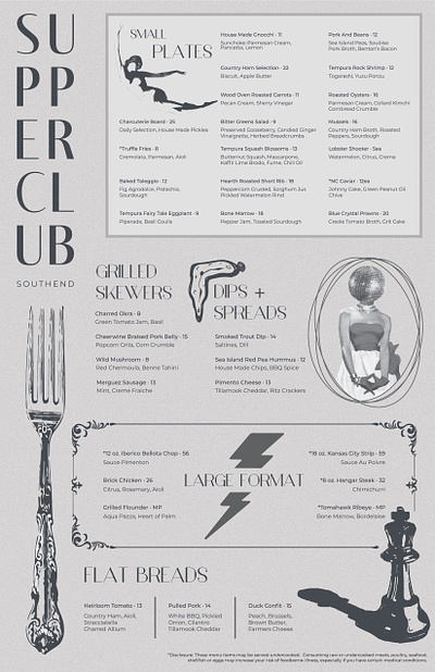 SupperClub SouthEnd Food Menu brand inspiration branding design food menu graphic design illustration menu design restaurant menu typography