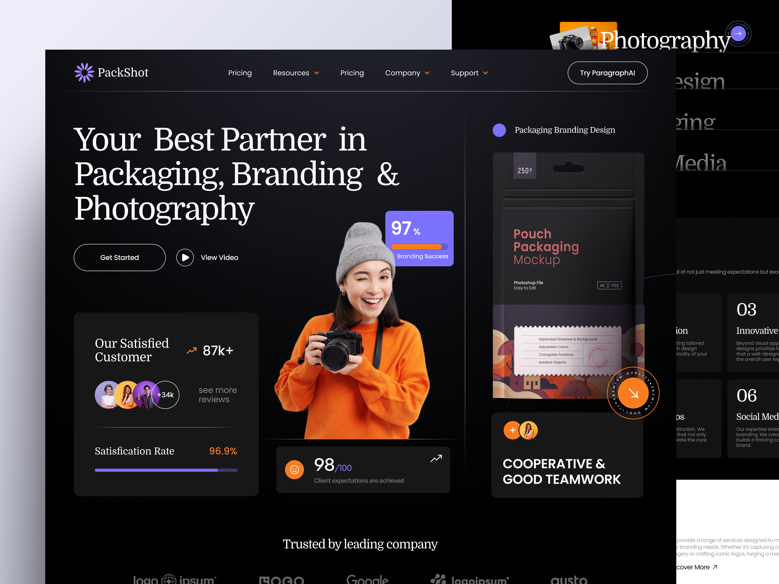 Packshot - Branding Agency Landing Page agency agency web branding branding agency dark theme design header header inspiration home page landing page logo packaging web photography web ui uidesign uiux ux web interface website