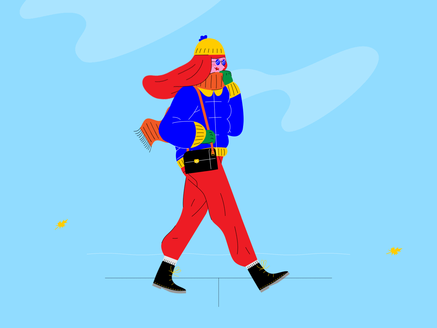 Braving the cold 2d animation autumn character charatcr cold cycle design fall girl illustration illustrator leaves vector walk winter woman