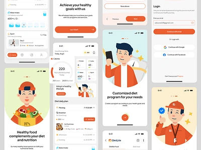 Dietlite - Diet Programme Mobile App chart clean diet exercise food habbit health healthy healthy food home page illustration ios mobile app onboarding popular program sign in sport statistic water intake