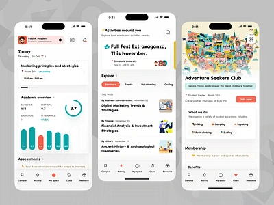 University App 🎓 activity app association branding campus class club college dashboard education graph graphic design group learning mobile news progress school ui university