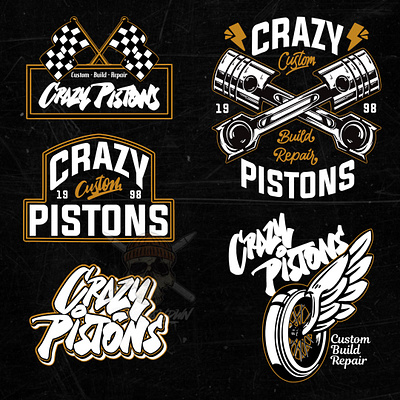 Crazy Piston Badge Design badge branding bundle button commis design logo