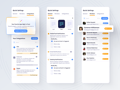 Settings Panel accessible panel add members change theme dailyui dailyui07 gradient ui integrations light theme minimal ui quick access quick settings saas integrations saas settings settings side panel sidebar sync data team members ui