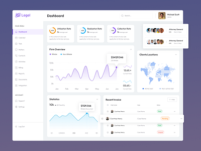 SaaS Law Firm Dashboard analytics clean dashboard data design graphic design graphs law law firm motion design navigation product design saas sidebar system table ui user ux web