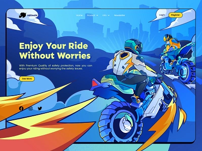 Hëlmóir - Landing Page Illustration blue character character design city design futuristic graphic design helmet illustration landing page mascot mecha motorcycle orange sci fi technology ui website website illustration