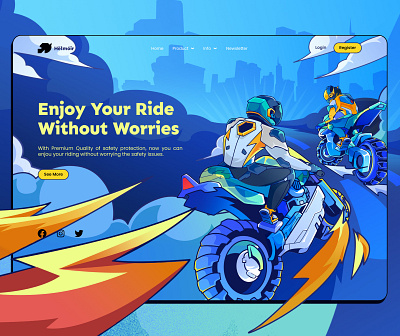 Hëlmóir - Landing Page Illustration blue character character design city design futuristic graphic design helmet illustration landing page mascot mecha motorcycle orange sci fi technology ui website website illustration